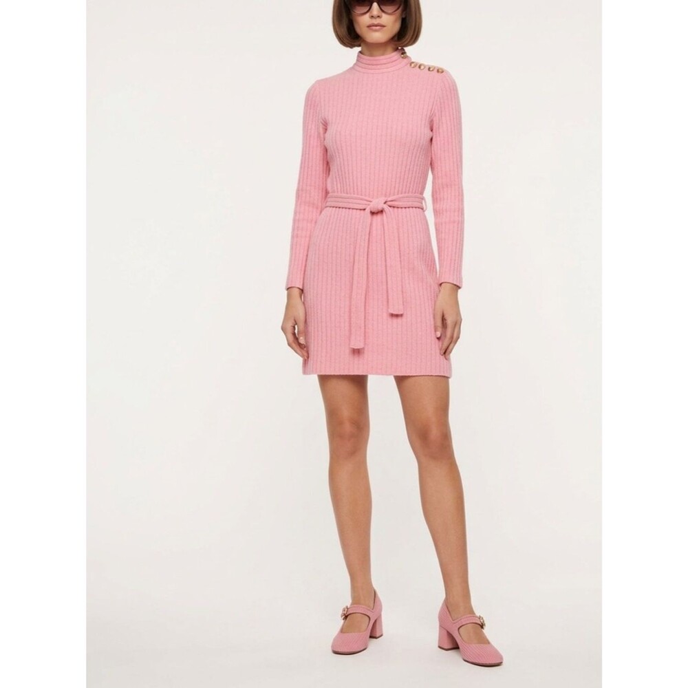Vintage 60s Pink Ribbed Knit Mod Sweater Dress Mock Neck Gold Button S M